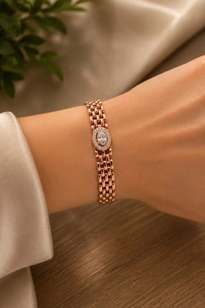 Sertifikalı 316L Çelik Rose Altın Oval Zirkon Taşlı Premium Kadın Bileklik