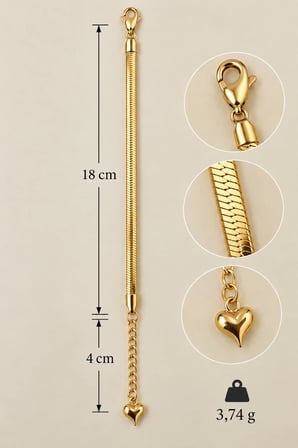 Sertifikalı 316L Çelik Kalp Uçlu Yılan Zincir Gold Bileklik