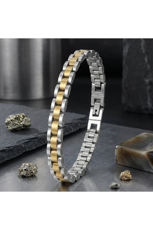 Sertifikalı 316L Çelik SEMTİM REGENT Gold & Gümüş Çift Renk Metal Kordon Tasarımlı Erkek Bileklik