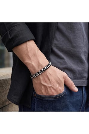 Sertifikalı 316L Çelik SEMTİM WAVE Gümüş Dalga Detaylı Siyah Örgü Çelik Erkek Bileklik