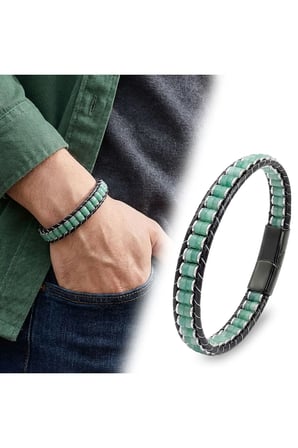 Sertifikalı 316L Çelik SEMTİM VERDE Yeşil Aventurin & Hematit Doğal Taşlı Çelik Örgü Deri Erkek Bileklik