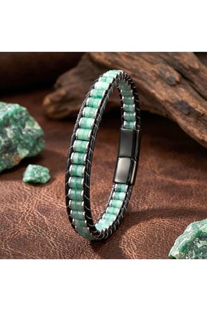 Sertifikalı 316L Çelik SEMTİM VERDE Yeşil Aventurin & Hematit Doğal Taşlı Çelik Örgü Deri Erkek Bileklik