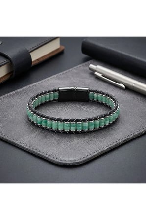 Sertifikalı 316L Çelik SEMTİM VERDE Yeşil Aventurin & Hematit Doğal Taşlı Çelik Örgü Deri Erkek Bileklik