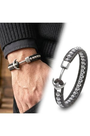 Sertifikalı 316L Çelik SEMTİM MARINER Çelik Çapa Hematit Doğal Taşlı Orijinal Deri Örgü Erkek Bileklik 21 cm