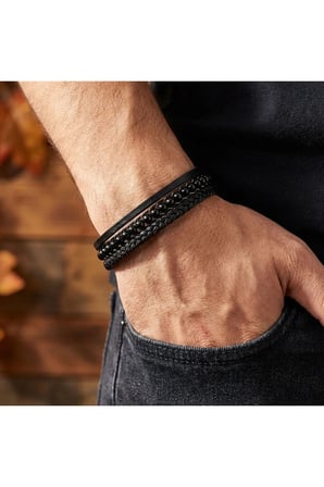 Sertifikalı SEMTİM OBSIDIAN Parlak Oniks Doğal Taşlı 316L Çelik Kilitli Çok Katmanlı Örgü Deri Erkek Bileklik