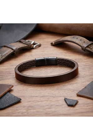 Sertifikalı 316L Çelik SEMTİM NOIR Siyah PU Deri & Zamak Detaylı Erkek Bileklik