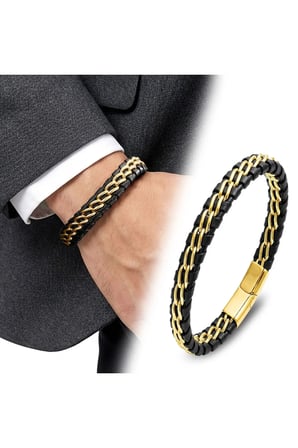 Sertifikalı 316L Çelik SEMTİM DUO GOLD Sarı Çift Zincir Çelik & Deri Erkek Bileklik