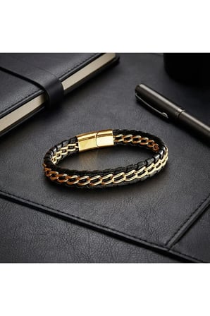 Sertifikalı 316L Çelik SEMTİM DUO GOLD Sarı Çift Zincir Çelik & Deri Erkek Bileklik
