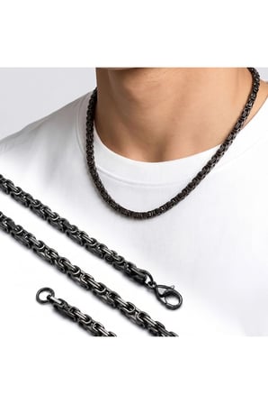 Sertifikalı 316L Çelik SEMTİM ROYAL 5 mm Siyah Kral Zincir Çelik Erkek Kolye 55 cm