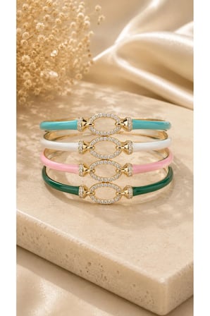Sertifikalı Pudra Rengi Mine Kaplı Taşlı Halka ve Üçgen Detaylı Açık Kadın Bilezik