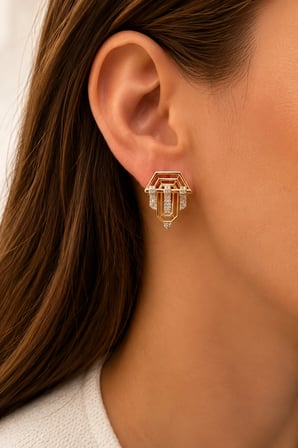 Sertifikalı 316L Çelik Zirkon Taşlı Geometrik Art Deco Premium Altın Kaplama Kadın Küpe