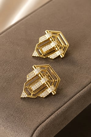 Sertifikalı 316L Çelik Zirkon Taşlı Geometrik Art Deco Premium Altın Kaplama Kadın Küpe