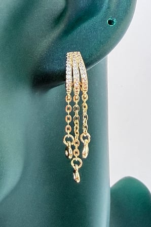 Sertifikalı 316L Çelik Premium Gold Kaplama Üçlü Zirkon Taşlı Halka ve Zincir Sallantılı Kadın Küpe
