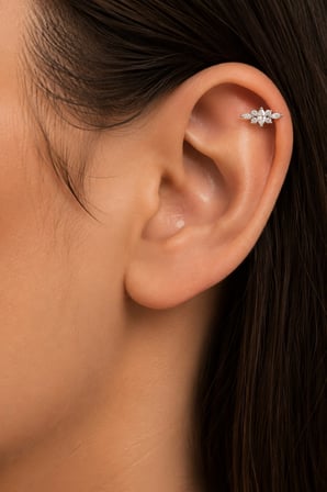 Sertifikalı 316L Çelik Markiz ve Yuvarlak Taşlı Simetrik Premium Gümüş Renk Helix Piercing
