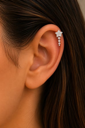 Sertifikalı 316L Çelik Taşlı Kayan Yıldız Figürlü Sallantılı Premium Gümüş Renk Helix Piercing