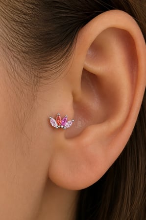 Sertifikalı 316L Çelik Pembe Fuşya ve Mercan Markiz Taşlı Taç Form Premium Gümüş Renk Tragus ve Helix Piercing