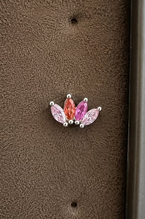 Sertifikalı 316L Çelik Pembe Fuşya ve Mercan Markiz Taşlı Taç Form Premium Gümüş Renk Tragus ve Helix Piercing