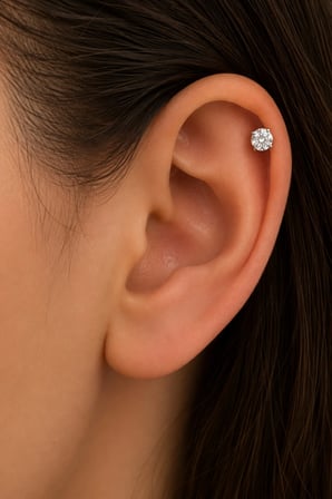 Sertifikalı 316L Çelik Büyük Yuvarlak Tektaşlı Premium Gümüş Renk Tragus ve Helix Piercing