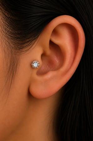 Sertifikalı 316L Çelik Buz Mavisi Taşlı Güneş Işını Figürlü Premium Gümüş Renk Tragus ve Helix Piercing