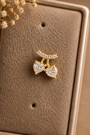 Sertifikalı 316L Çelik Kalp Taşlı Kiraz Figürlü Premium Altın Kaplama Tragus ve Helix Piercing