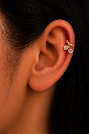 Sertifikalı 316L Çelik Kalp Taşlı Kiraz Figürlü Premium Altın Kaplama Tragus ve Helix Piercing
