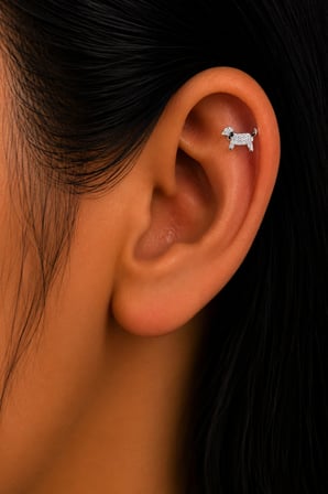 Sertifikalı 316L Çelik Taşlı Köpek Figürlü Siyah Tasma Detaylı Premium Gümüş Renk Tragus ve Helix Piercing