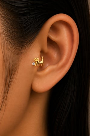Sertifikalı 316L Çelik Tektaş ve Taşlı Göz Detaylı Kedi Figürlü Premium Gümüş Renk Tragus ve Helix Piercing