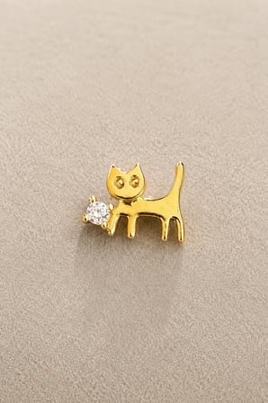 Sertifikalı 316L Çelik Tektaş ve Taşlı Göz Detaylı Kedi Figürlü Premium Gümüş Renk Tragus ve Helix Piercing