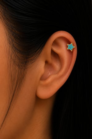 Sertifikalı 316L Çelik Turkuaz Mavi Taşlı Yıldız Figürlü Premium Altın Kaplama Tragus ve Helix Piercing