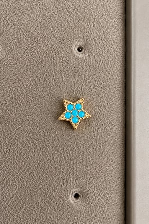 Sertifikalı 316L Çelik Turkuaz Mavi Taşlı Yıldız Figürlü Premium Altın Kaplama Tragus ve Helix Piercing