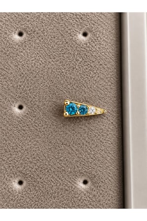 Sertifikalı 316L Çelik Turkuaz Mavi ve Şeffaf Taşlı Kademeli Geometrik Premium Altın Kaplama Tragus ve Helix Piercing