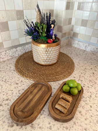 4 Lü Ahşap Tepsi Çay Tepsisi Kahve Tepsisi Sunum Tepsisi Sunumlu 9*18 CM 