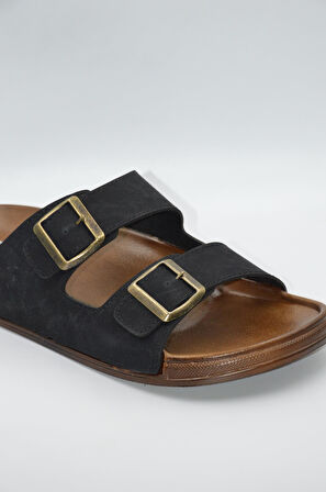 Erkek Siyah Çift Bantlı Anatomik Günlük Terlik