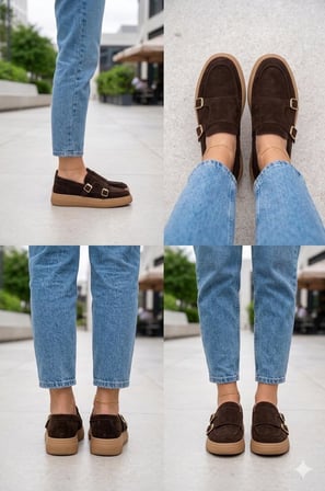 Kadın Hakiki Deri Kahverengi Süet Çift Tokalı Kalın Taban Makosen Loafer Ayakkabı