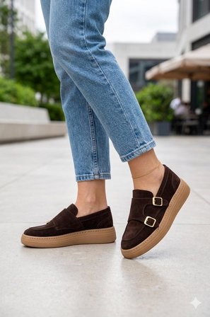 Kadın Kahverengi Süet Çift Tokalı Kalın Taban Makosen Loafer Ayakkabı