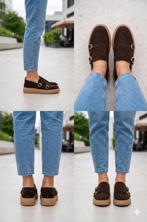 Kadın Kahverengi Süet Çift Tokalı Kalın Taban Makosen Loafer Ayakkabı