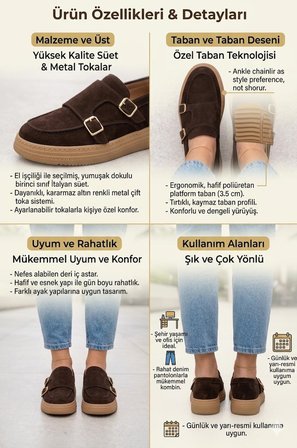 Kadın Kahverengi Süet Çift Tokalı Kalın Taban Makosen Loafer Ayakkabı