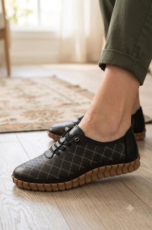 Kadın Siyah Lazer Kesim Hakiki Deri Comfort Günlük Rahat Ayakkabı