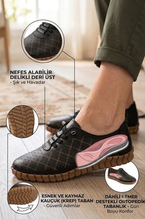 Kadın Siyah Lazer Kesim Hakiki Deri Comfort Günlük Rahat Ayakkabı