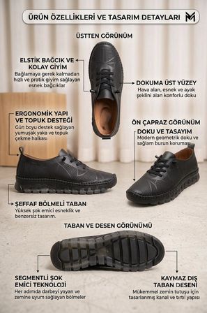 Kadın Hakiki Deri Siyah Akıllı Bağcıklı Şeffaf Taban Anatomic Ayakkabı 