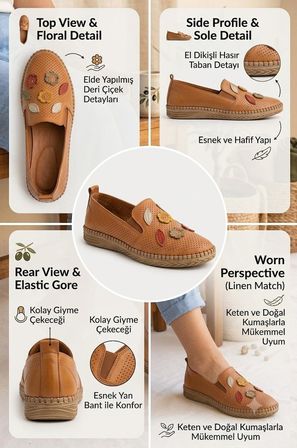 Kadın Taba Hakiki Deri Çiçek Süslü Günlük Comfort Ayakkabı