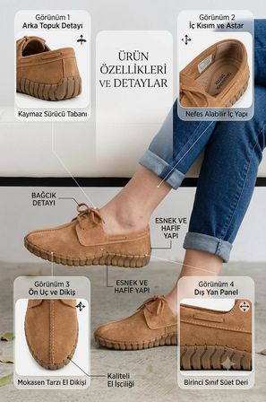 Kadın Hakiki Deri Taba Süet Bağcıklı Makosen - El Dikişli Esnek Tırtıklı Taban Günlük Ayakkabı