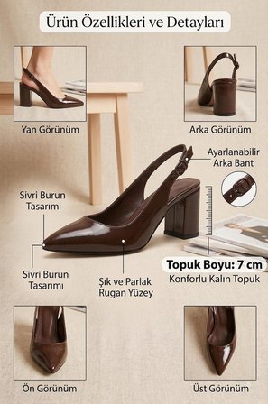 Kadın Kahverengi Rugan Sivri Burun Alçak/Kalın Topuklu Arkası Açık Slingback Stiletto Ayakkabı