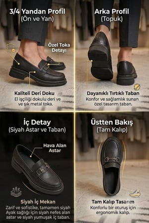 Siyah Gümüş Tokalı Kalın Tabanlı Kadın Loafer Ayakkabı - Okul Ayakkabısı