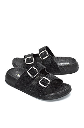 Siyah Simli Kadın Çift Toka Günlük Terlik