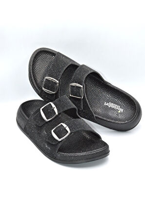 Siyah Simli Kadın Çift Toka Günlük Terlik