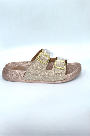 Pembe Simli Kadın Çift Toka Günlük Terlik