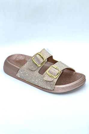 Pembe Simli Kadın Çift Toka Günlük Terlik