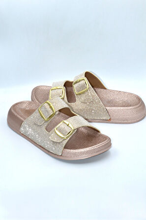 Pembe Simli Kadın Çift Toka Günlük Terlik