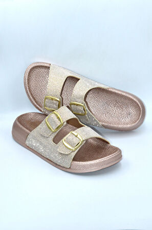 Pembe Simli Kadın Çift Toka Günlük Terlik